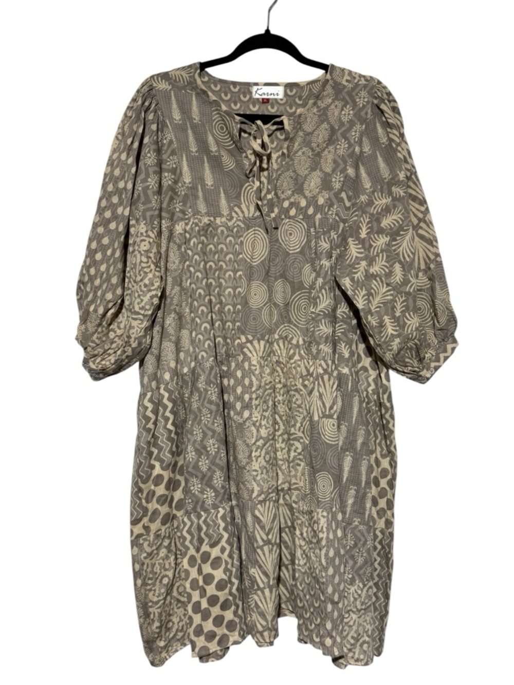 Karni 100% Cotton Patchwork Hippie Dress Size XL Artsy Flowy Boho Balloon Sleeve